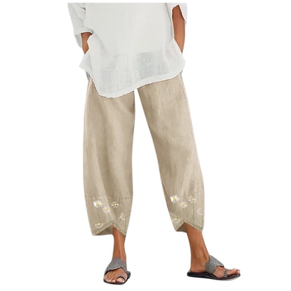 Jxximdong Pants for Women Embroidery Elastic Leg Print Wide Women Waist Casual Pants Cotton Daisy Pants Yellow L Trousers