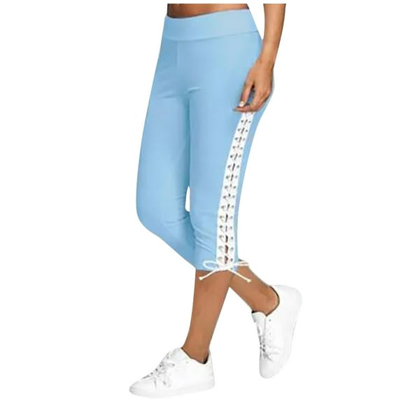 Jxximdong Pants for Women Fashion Women Solid Bandage Elastic Waist Cropped Trousers Casual Sweatpants Blue M Trousers
