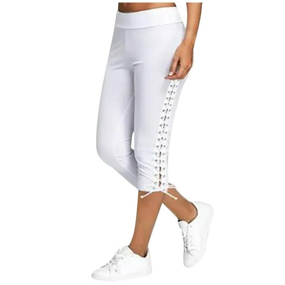 Jxximdong Pants for Women Fashion Women Solid Bandage Elastic Waist Cropped Trousers Casual Sweatpants White M Trousers