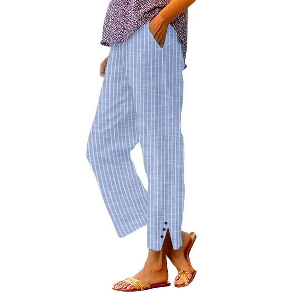 Jxximdong Pants for Women Fashionable Casual Buttons With Pockets Striped Cotton And Linen Cropped Trousers Blue XXXXXL Trousers