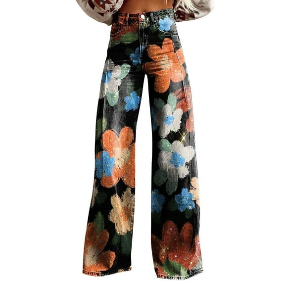 Jxximdong Pants for Women High Waisted Flower Patterned Wide Leg Pants Lightweight And Loose Casual Colorful Pants Black M Trousers