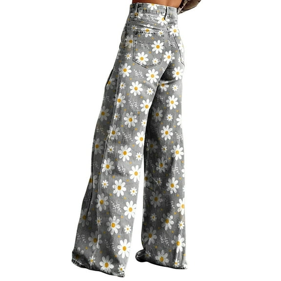 Jxximdong Pants for Women High Waisted Flower Patterned Wide Leg Pants Lightweight And Loose Casual Colorful Pants Gray M Trousers