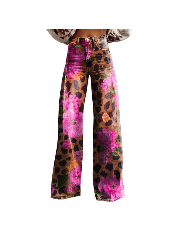 Pants for Women High Waisted Flower Patterned Wide Leg Pants Lightweight And Loose Casual Colorful Pants Pink S Trousers