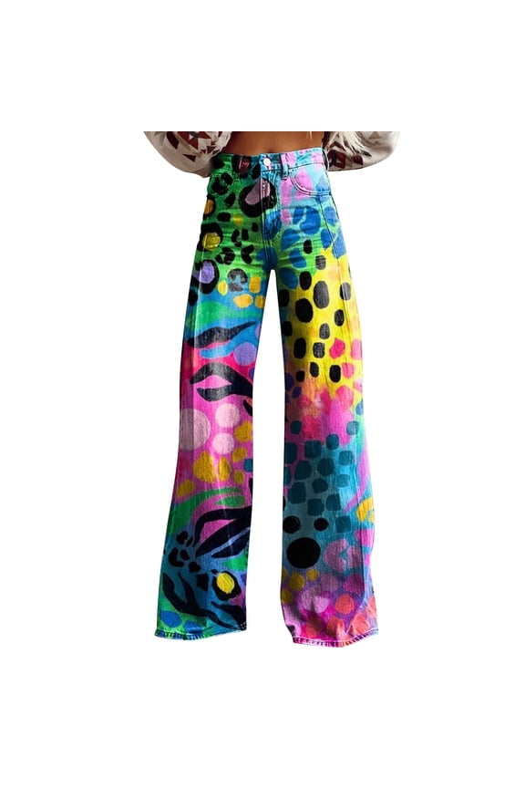 Pants for Women New Summer Flower Wide Leg Pants Lightweight And Loose Casual Colorful Pants Imitation Jeans Blue L Trousers