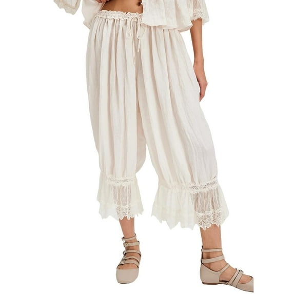 Jxximdong Pants for Women Ruffle Hem Capris Lace Trim Pantaloons Lingerie Pants Slips For Under Dress Hollow Lace Home Clothes White M Trousers