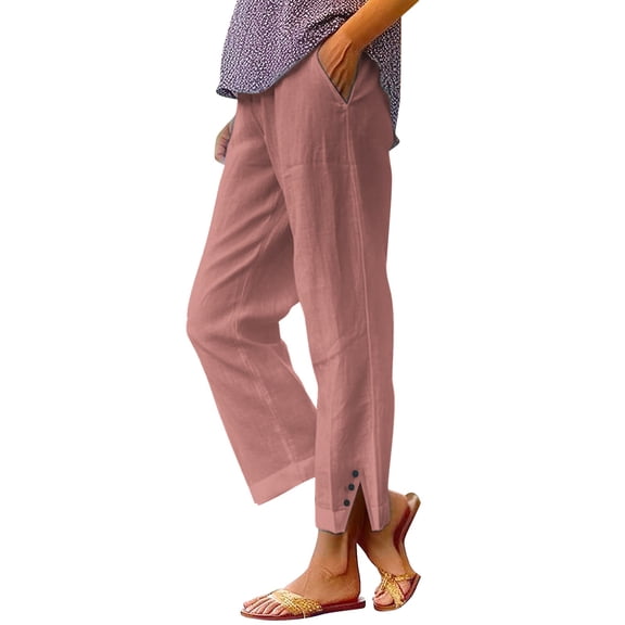 Jxximdong Pants for Women Solid Straight Elastic Pants Long Drawstring Linen Women Waist Cotton Casual Button Slit Trouser Gold L Trousers