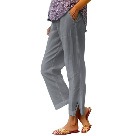 Jxximdong Pants for Women Solid Straight Elastic Pants Long Drawstring Linen Women Waist Cotton Casual Button Slit Trouser Gray M Trousers