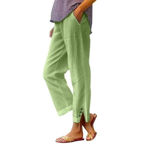 Jxximdong Pants for Women Solid Straight Elastic Pants Long Drawstring Linen Women Waist Cotton Casual Button Slit Trouser Green XL Trousers
