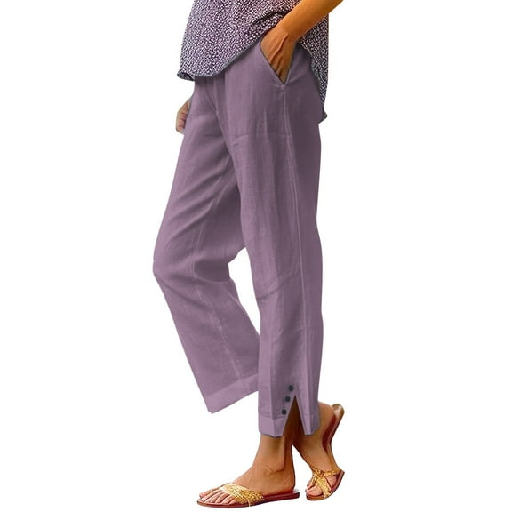 Jxximdong Pants for Women Solid Straight Elastic Pants Long Drawstring Linen Women Waist Cotton Casual Button Slit Trouser Pink S Trousers