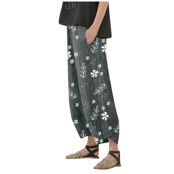 Jxximdong Pants for Women Women Casual Loose Floral Print Elastic Waist Pocket Wide Leg Pants Gray XXXXL Trousers