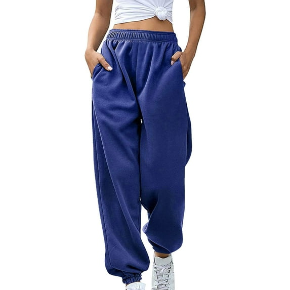 Jxximdong Pants for Women Women's Bottom Sweatpants No Drawstring Joggers Pants Workout High Waisted Yoga Pants With Pockets Blue XXL Trousers