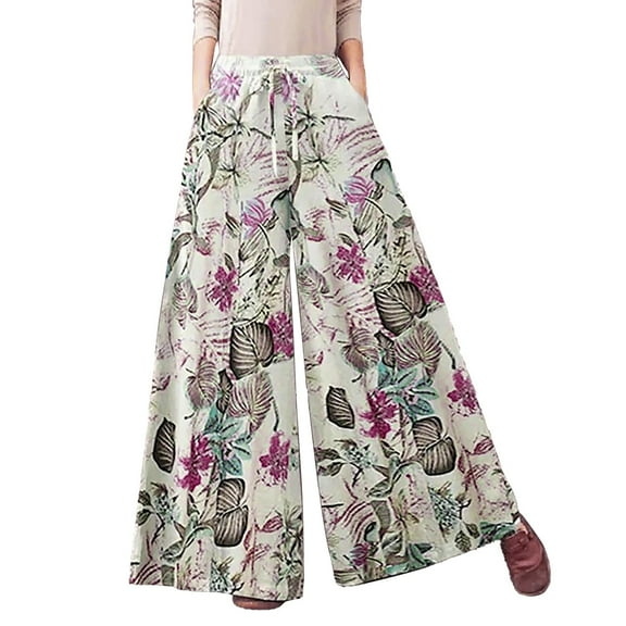 Jxximdong Pants for Women Women's Casual Floral Printed Pants Belt Elastic Waist Wide Leg Pants Pocket Long Pants Red XXXXXL Trousers