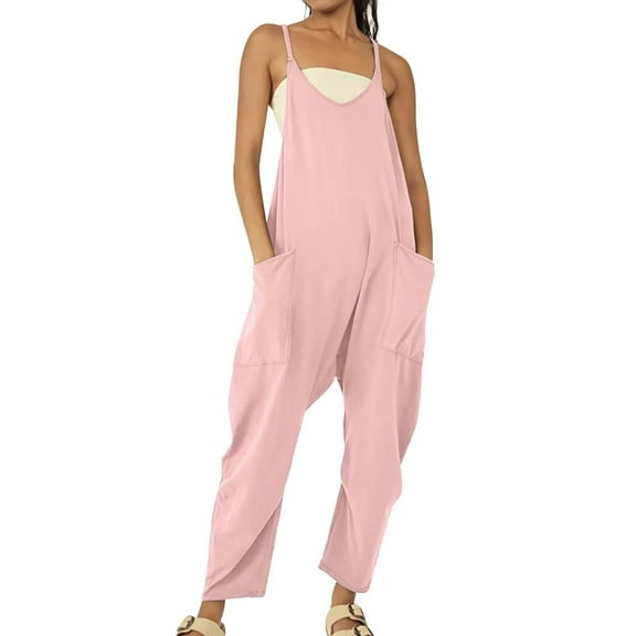 Jxximdong Pants for Women Women's Casual Sleeveless Jumpsuits V Neck Spaghetti Strap Overalls Long Pants Romper With Two Pockets Pink XXXXXL Trousers