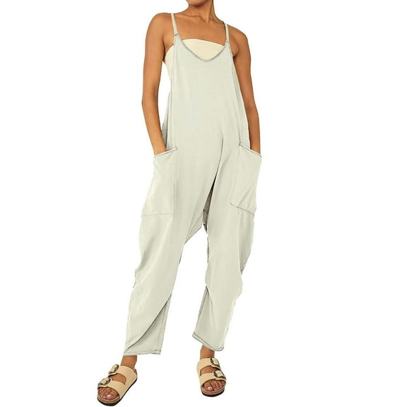 Jxximdong Pants for Women Women's Casual Sleeveless Jumpsuits V Neck Spaghetti Strap Overalls Long Pants Romper With Two Pockets White S Trousers