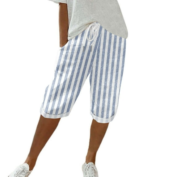 Jxximdong Pants for Women Women's Cotton And Linen Striped Pocket Elastic Casual Pants Women's Quarter Pants Blue XXL Trousers