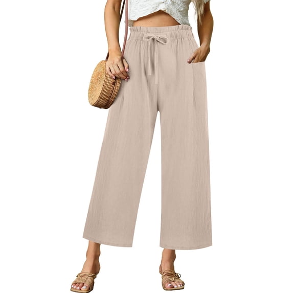 Jxximdong Pants for Women Women's Linen Wide Leg Pants Casual Loose High Waist Beach Haren Pants Pockets Beige XXXL Trousers
