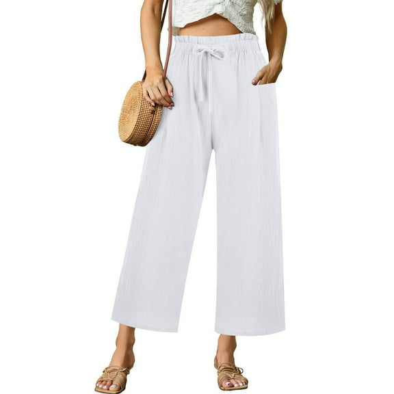 Jxximdong Pants for Women Women's Linen Wide Leg Pants Casual Loose High Waist Beach Haren Pants Pockets White M Trousers