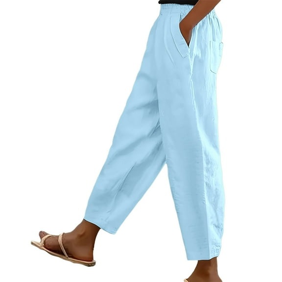 Jxximdong Pants for Women Women's Pocket Cotton Linen Fashion Solid Color Pants Slim Casual Long Pants Blue S Trousers