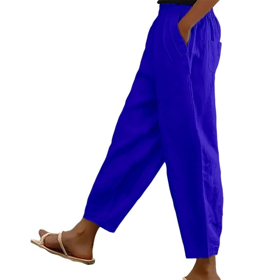Jxximdong Pants for Women Women's Pocket Cotton Linen Fashion Solid Color Pants Slim Casual Long Pants Blue XL Trousers