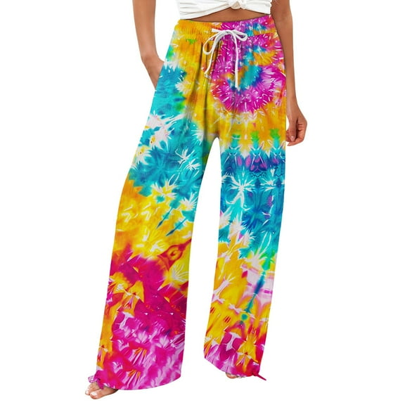 Jxximdong Pants for Women Women's Retro Printed Fashionable Drawstring Loose Pants High Waisted Casual Pants Wide Leg Pants Blue S Trousers