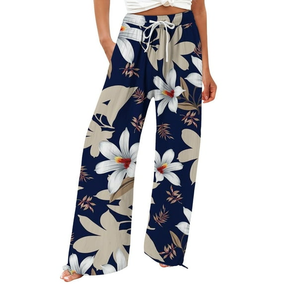 Jxximdong Pants for Women Women's Retro Printed Fashionable Drawstring Loose Pants High Waisted Casual Pants Wide Leg Pants Blue XL Trousers