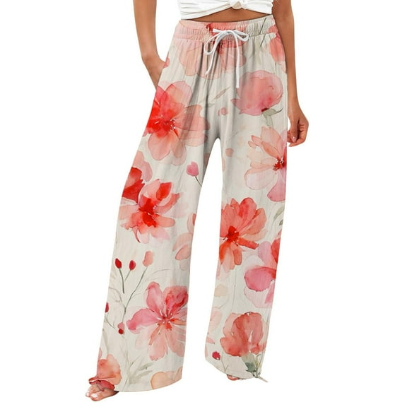 Jxximdong Pants for Women Women's Retro Printed Fashionable Drawstring Loose Pants High Waisted Casual Pants Wide Leg Pants Blue XXL Trousers