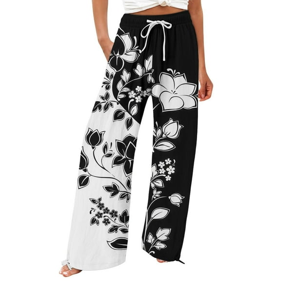 Jxximdong Pants for Women Women's Retro Printed Fashionable Drawstring Loose Pants High Waisted Casual Pants Wide Leg Pants Blue XXL Trousers