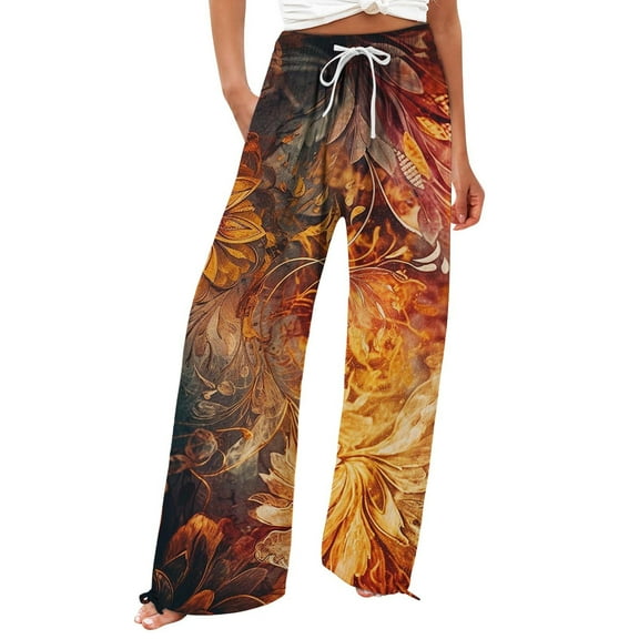 Jxximdong Pants for Women Women's Retro Printed Fashionable Drawstring Loose Pants High Waisted Casual Pants Wide Leg Pants Pink XL Trousers