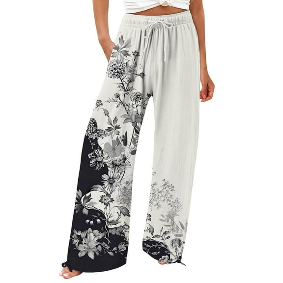 Jxximdong Pants for Women Women's Retro Printed Fashionable Drawstring Loose Pants High Waisted Casual Pants Wide Leg Pants Pink XXL Trousers