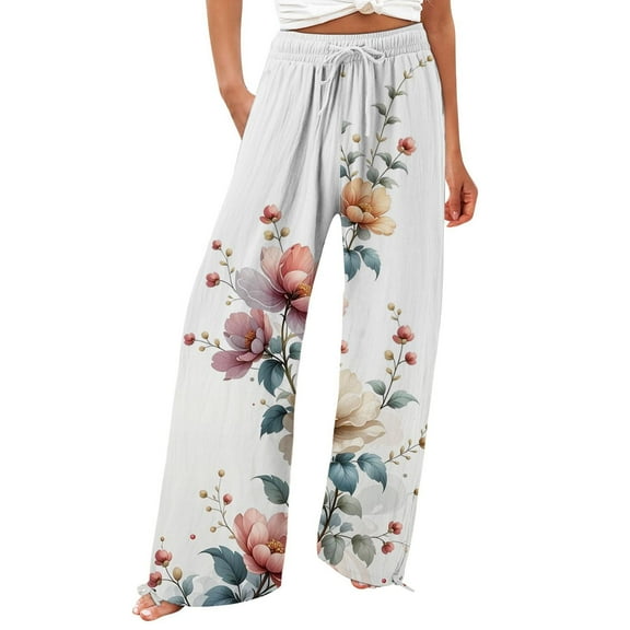 Jxximdong Pants for Women Women's Retro Printed Fashionable Drawstring Loose Pants High Waisted Casual Pants Wide Leg Pants Pink XXL Trousers