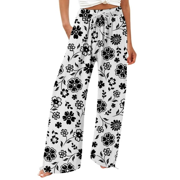 Jxximdong Pants for Women Women's Retro Printed Fashionable Drawstring Loose Pants High Waisted Casual Pants Wide Leg Pants Purple XXL Trousers