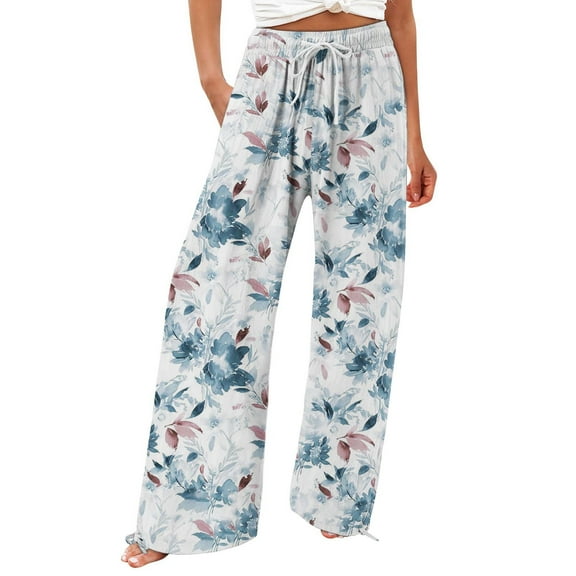 Jxximdong Pants for Women Women's Retro Printed Fashionable Drawstring Loose Pants High Waisted Casual Pants Wide Leg Pants Purple XXXL Trousers