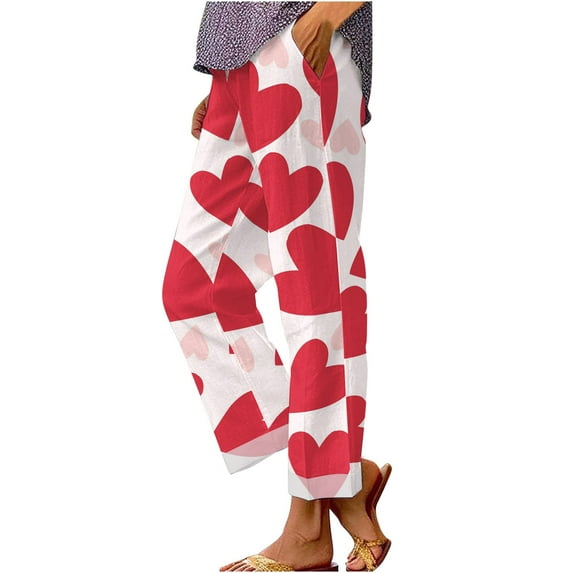 Jxximdong Pants for Women Women's Retro Printed Loose Pocket Patchwork Casual Cotton And Linen Pants Pink S Trousers