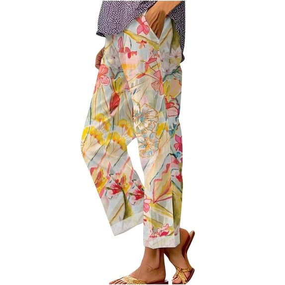 Jxximdong Pants for Women Women's Retro Printed Loose Pocket Patchwork Casual Cotton And Linen Pants Yellow XXXL Trousers
