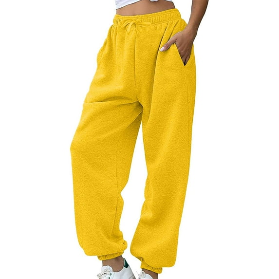Jxximdong Pants for Women Women's Sweatpants Petite Length Pockets Pants Casual Workout Athletic Joggers Drawstring Waist Sweat Yellow L Trousers