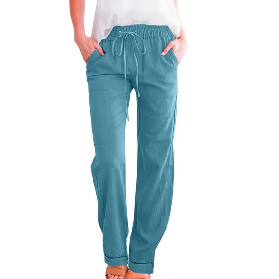 Jxximdong Pants for Women Women's Trousers Curling Solid Color Cotton Linen Loose Casual Drawstring Wide Leg Pants Casual Trousers Blue S Trousers
