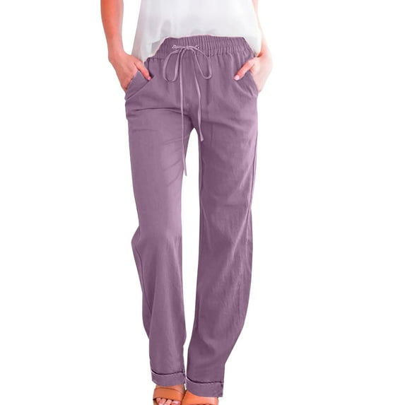 Jxximdong Pants for Women Women's Trousers Curling Solid Color Cotton Linen Loose Casual Drawstring Wide Leg Pants Casual Trousers Purple L Trousers