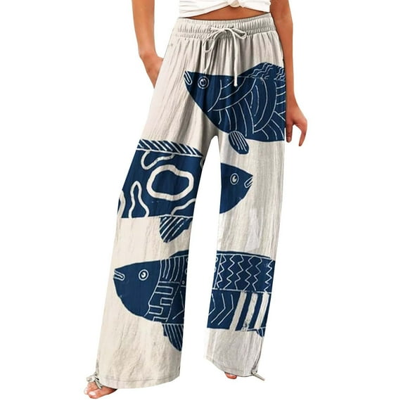 Jxximdong Pants for Women Women's Vintage Art Print Cotton And Linen Casual Pants Casual Wide Leg Trousers With Pockets Blue L Trousers