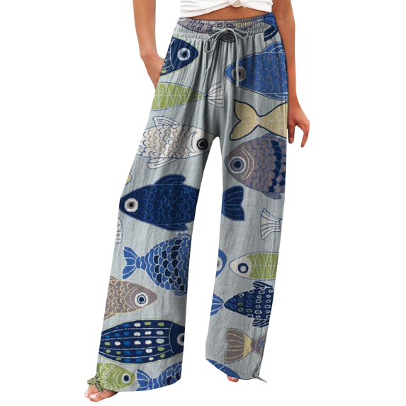 Jxximdong Pants for Women Women's Vintage Art Print Cotton And Linen Casual Pants Casual Wide Leg Trousers With Pockets Blue M Trousers