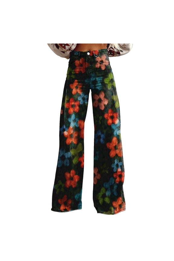 Pants for Women Women's Vintage Flower Print Casual Wide Leg Pants Black S Trousers