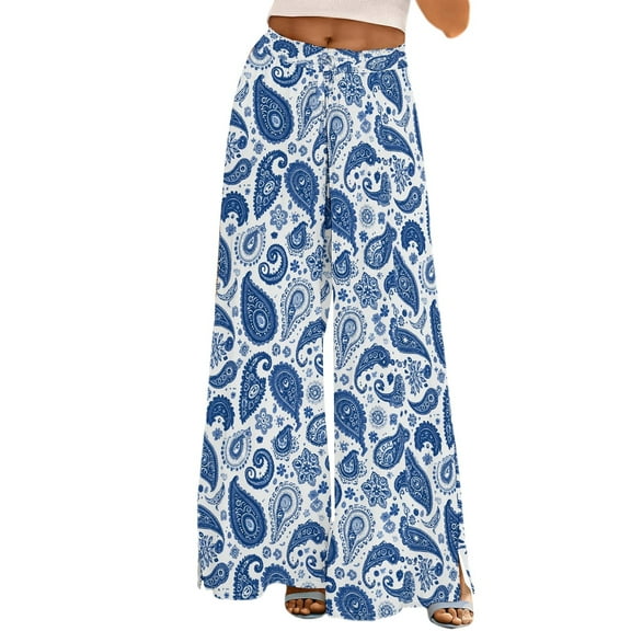 Jxximdong Pants for Women Womens Wide Leg Palazzo Pants Boho Floral Summer Beach Culottes Flowy Casual Trousers For Vacation Blue M Trousers