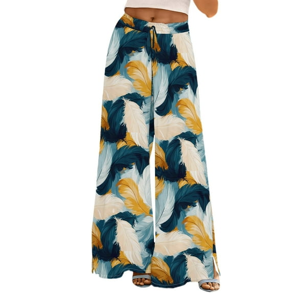 Jxximdong Pants for Women Womens Wide Leg Palazzo Pants Boho Floral Summer Beach Culottes Flowy Casual Trousers For Vacation Blue XL Trousers