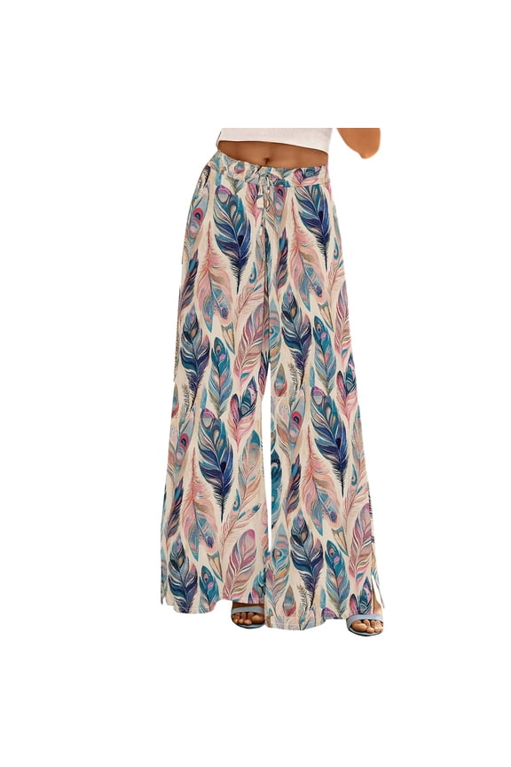 Pants for Women Womens Wide Leg Palazzo Pants Boho Floral Summer Beach Culottes Flowy Casual Trousers For Vacation Pink S Trousers
