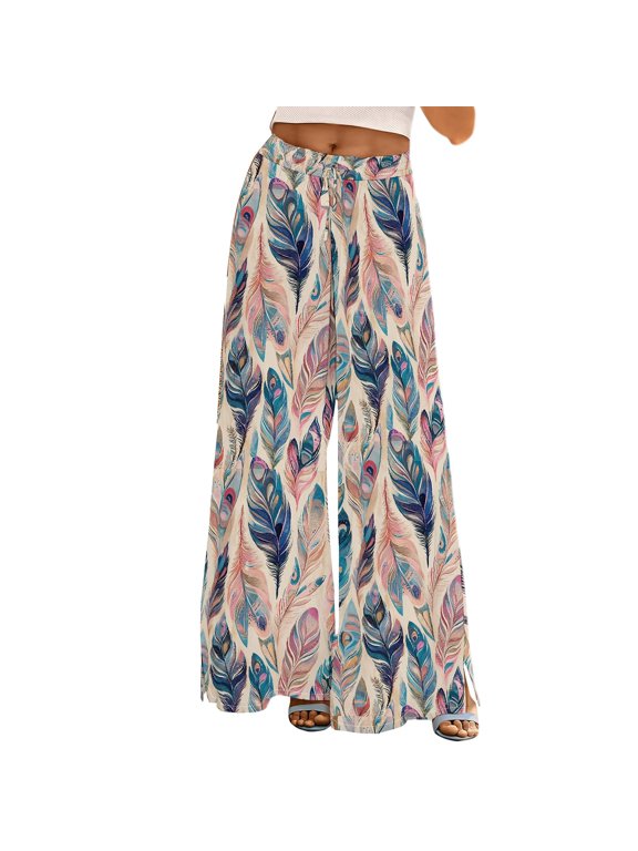 Pants for Women Womens Wide Leg Palazzo Pants Boho Floral Summer Beach Culottes Flowy Casual Trousers For Vacation Pink XXL Trousers