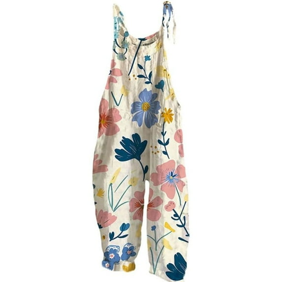 Jxximdong Pants for Womens Floral Jumpsuits Cotton Linen Sleeveless Spaghetti Strap Baggy Romper Wide Leg Overalls With Pockets White XXL Trousers
