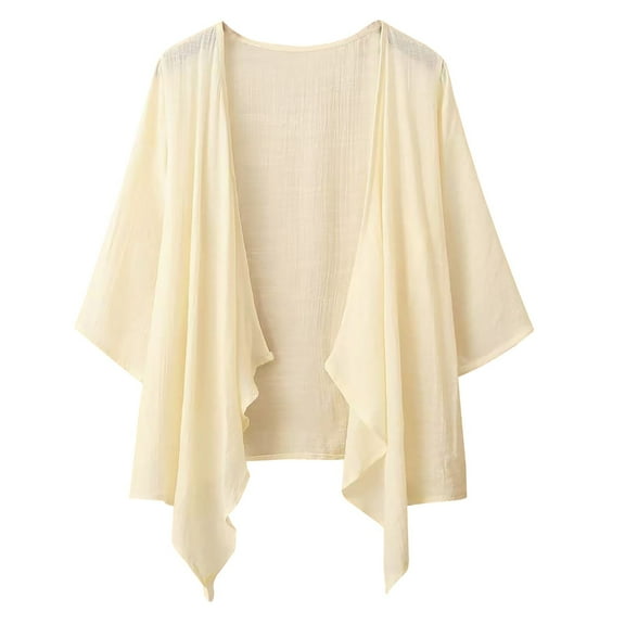 Jxximdong Plus Size Women Blouses, Thin Solid Color Joint Cotton Seven Quarter Sleeve Cardigan, Beige Daily Dresses for Women