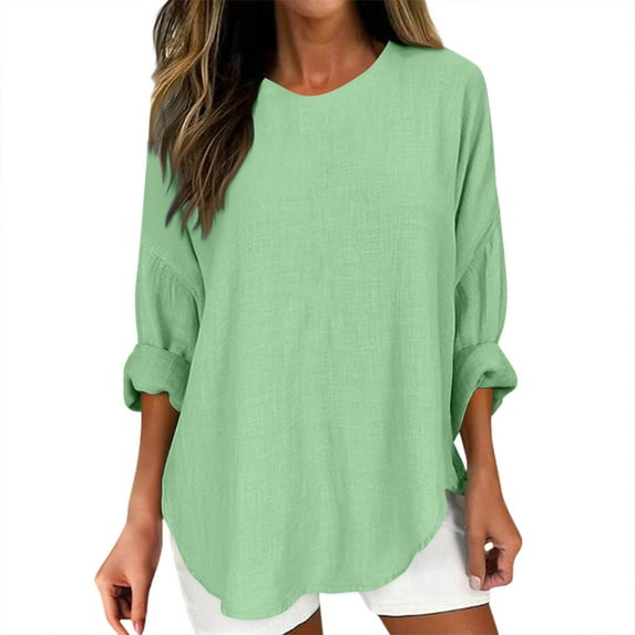 Jxximdong Plus Size Women Blouses, Women's Retro Loose Long Sleeve Crew Neck Top Solid Color Shirt, Green Daily Dresses for Women