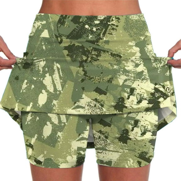 Jxximdong Running Shorts for Women, Fashionable Athleisure Skirt with Pockets Camouflage Printed Mid Rise Skirts Tennis Skirts, Green Women's Casual Shorts
