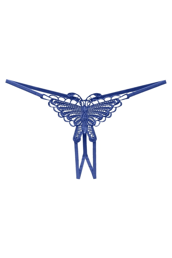 Sexy Lingerie for Women Butterfly Embroidered Crotchless Briefs Low Waist Strappy Thongs Women's Intimates Blue