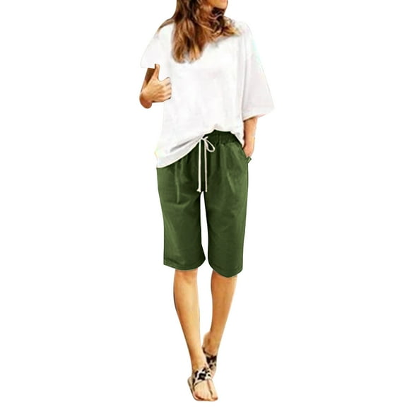 Jxximdong Shorts for Women Ladies Casual Pocket Thin Outer Wear Elastic Belt In Trousers Large Size Loose Pants Green L Pants